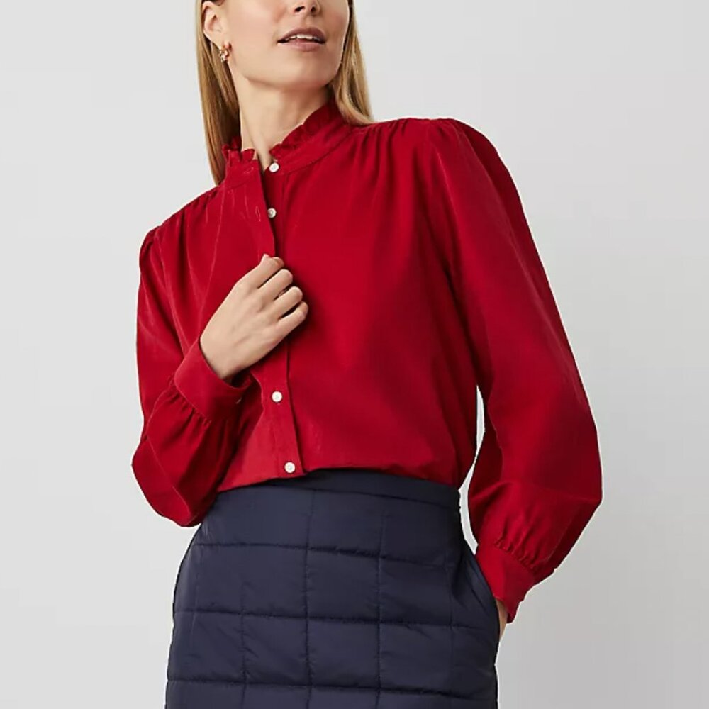Ann Taylor Weekend Collection Corduroy Ruffle Neck Shirt NWT